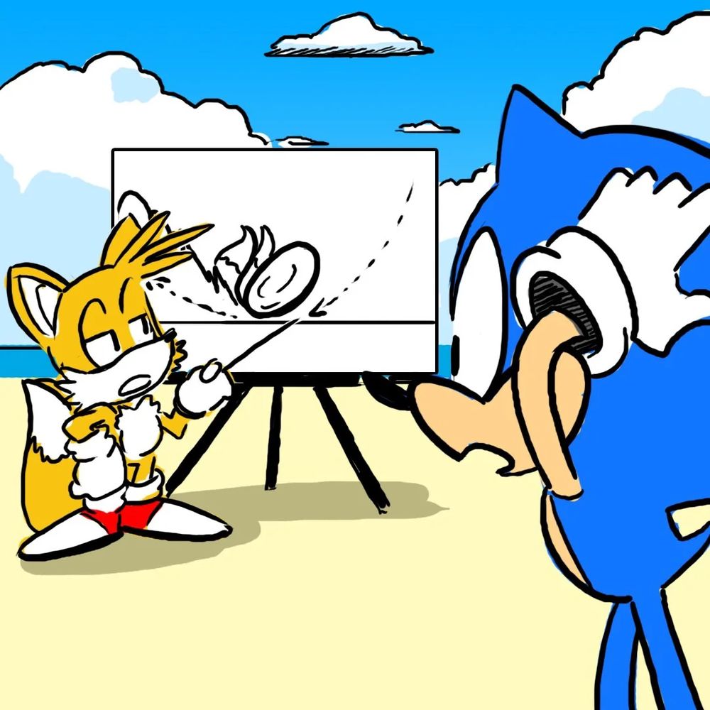 The character Tails explaining something to Sonic on a whiteboard