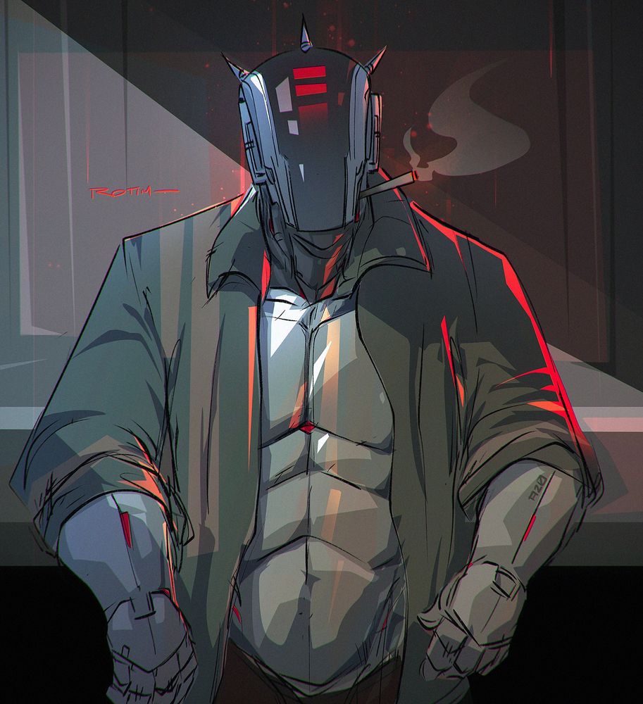 My OC, Edge. Rough sketch of a robot taking a smoke break.