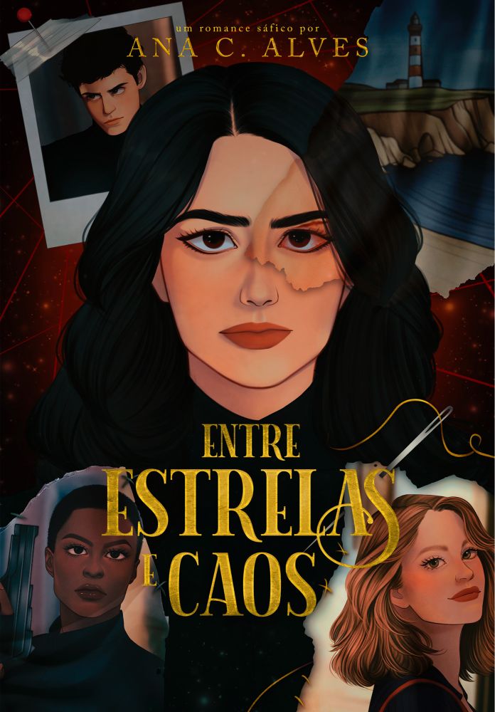 Capa ilustrada por Maxy Artwork e título por Gialui Design, publicado de forma independente. Nela a protagonista Marcela Alvarado está centralizada com um olhar de receio, há um tecido sob o seu olho esquerdo mostrando um corte logo abaixo do supercílio com a imagem de um farol localizado na ilha de Minorca ao fundo. No canto superior esquerdo há uma foto presa na parede de Matteo Alvarado, seu irmão-gêmeo desaparecido. No canto inferior esquerdo está a imagem de investigadora Ava Oliveira segurando uma arma costurada em um tecido. No canto inferior direito está Angela Castro, também costurada em um tecido. Acima dela há uma agulha com uma linha amarela. O título “Entre Estrelas e Caos” está entre Angela e Ava em letras grandes e douradas.