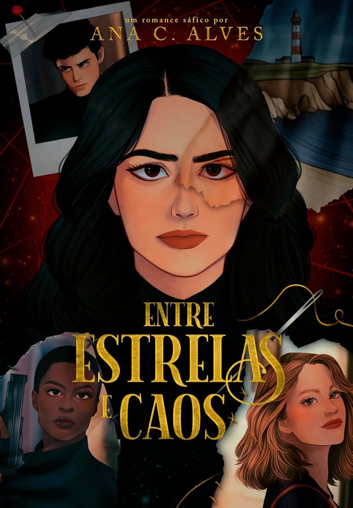 Capa ilustrada por Maxy Artwork e título por Gialui Design, publicado de forma independente. Nela a protagonista Marcela Alvarado está centralizada com um olhar de receio, há um tecido sob o seu olho esquerdo mostrando um corte logo abaixo do supercílio com a imagem de um farol localizado na ilha de Minorca ao fundo. No canto superior esquerdo há uma foto presa na parede de Matteo Alvarado, seu irmão-gêmeo desaparecido. No canto inferior esquerdo está a imagem de investigadora Ava Oliveira segurando uma arma costurada em um tecido. No canto inferior direito está Angela Castro, também costurada em um tecido. Acima dela há uma agulha com uma linha amarela. O título “Entre Estrelas e Caos” está entre Angela e Ava em letras grandes e douradas. 