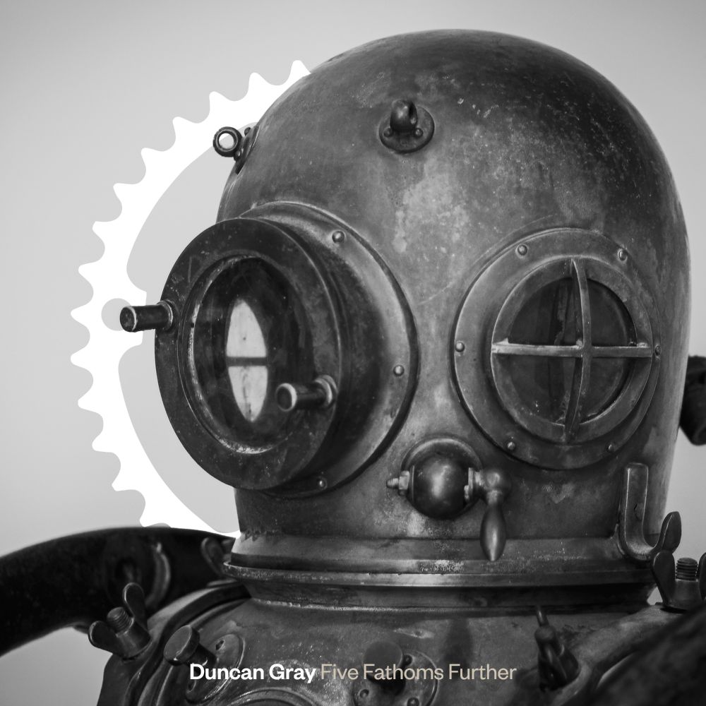 The cover to Duncan Gray - Five Fathoms Further, which features a diving helmet rotated 45 degrees.