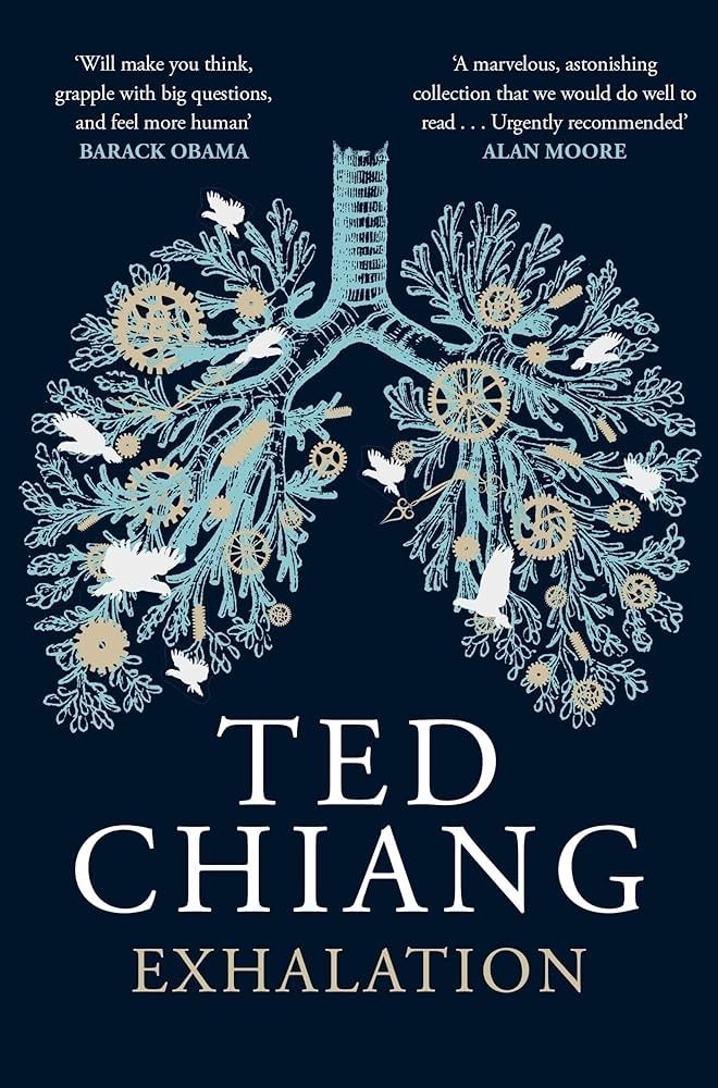 The cover of Ted Chiang's Exhalation. It shows a pair of lungs made up by plants and gears/cogs. 