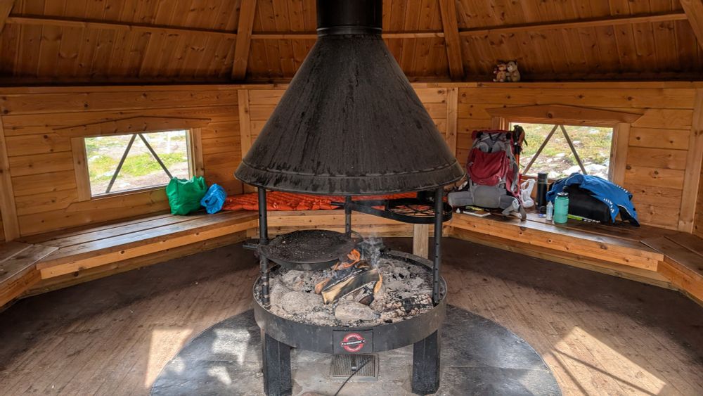 Log fire in a Finnish hut.