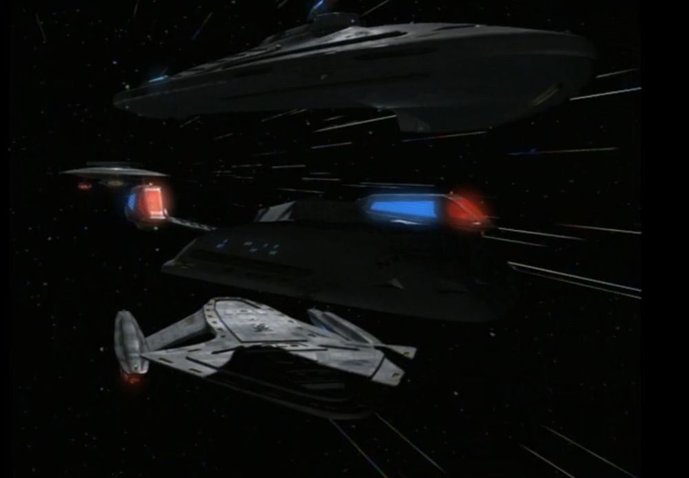 USS Prometheus engaging its Multi-Vector Assault Mode while being pursued by a Nebula class ship.

Star Trek Voyager episode "Message in a Bottle"