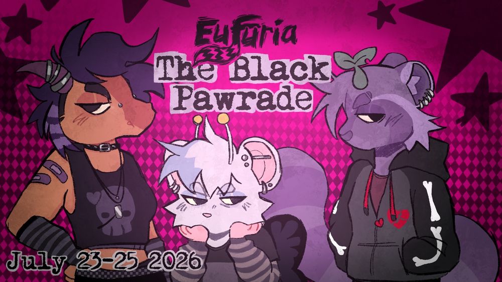 Herkimer the dragon, Seymour the butterfly-rat, and Joy the sprout-headed mascots wearing a variety of emo fashion. Text reads: Eufuria The Black Paw-rade, July 23-25 2026. The background is a pink grungy diamond pattern with stars. 