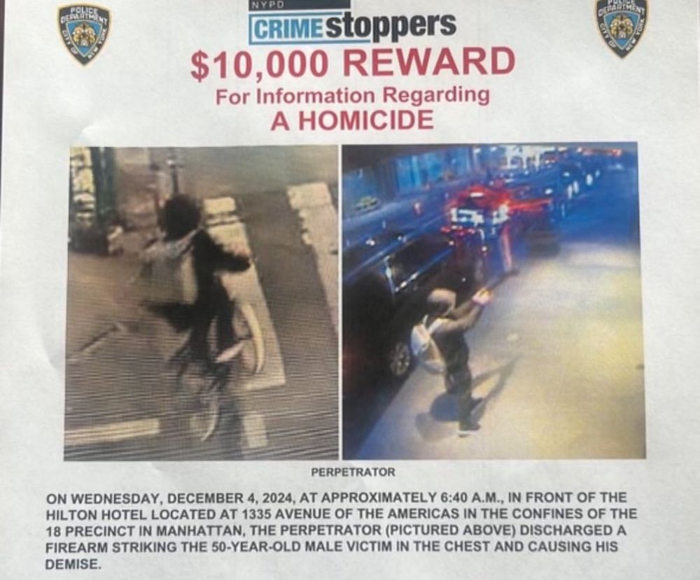 crimestoppers poster $10,000 reward for info regarding the homicide of the UHC CEO. bitch that's a night's stay in the hospital try harder 