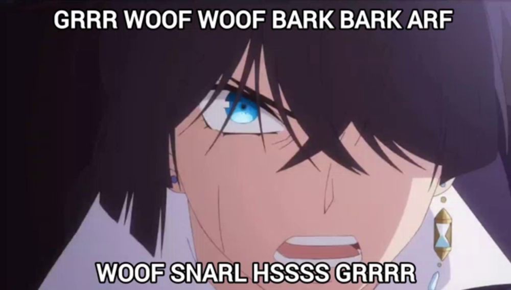 a close up of a person 's face with the words woof snarl hssss grrr