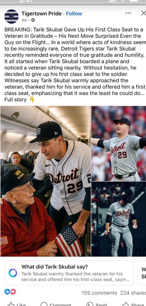 Shitty AI post about Tarik Skubal giving up a seat on a plane. He’s wearing his uniform. As one does. 