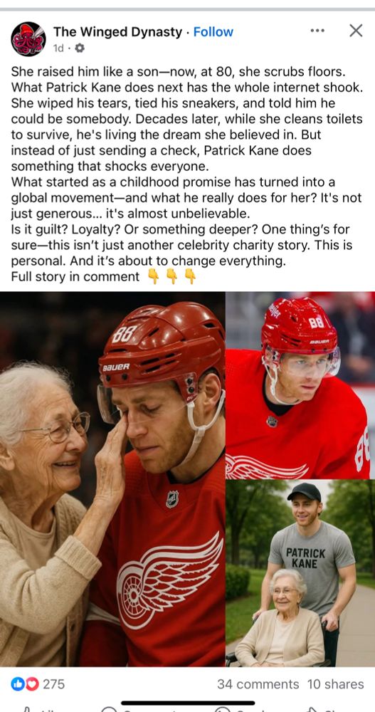 More bullshit AI. This one has something to do with Patrick Kane helping an old woman. 