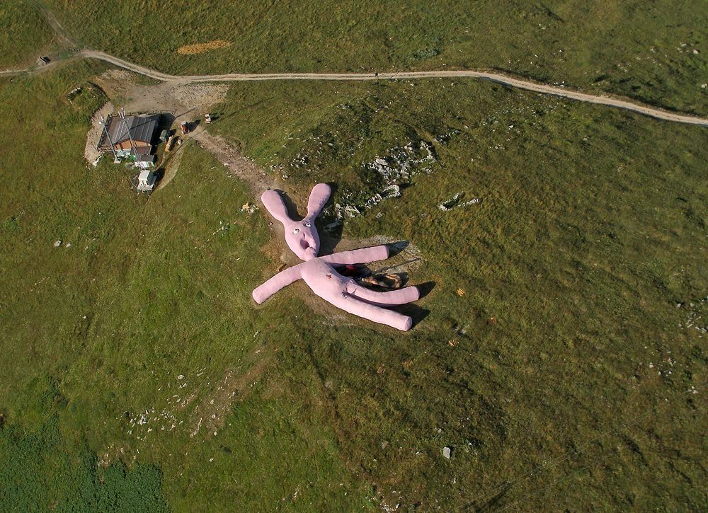 An overhead shot of a huge pink rabbit on a pleasant mountainside