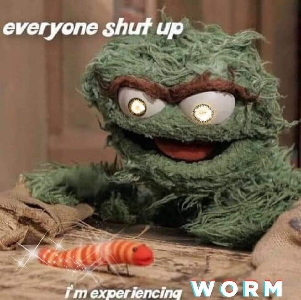 Oscar the Grouch, a green scraggly muppet, gets really excited looking at a bug. The caption says "Everyone shut up I'm experiencing WORM", the bug is sparkling, and his eyes are glowing.