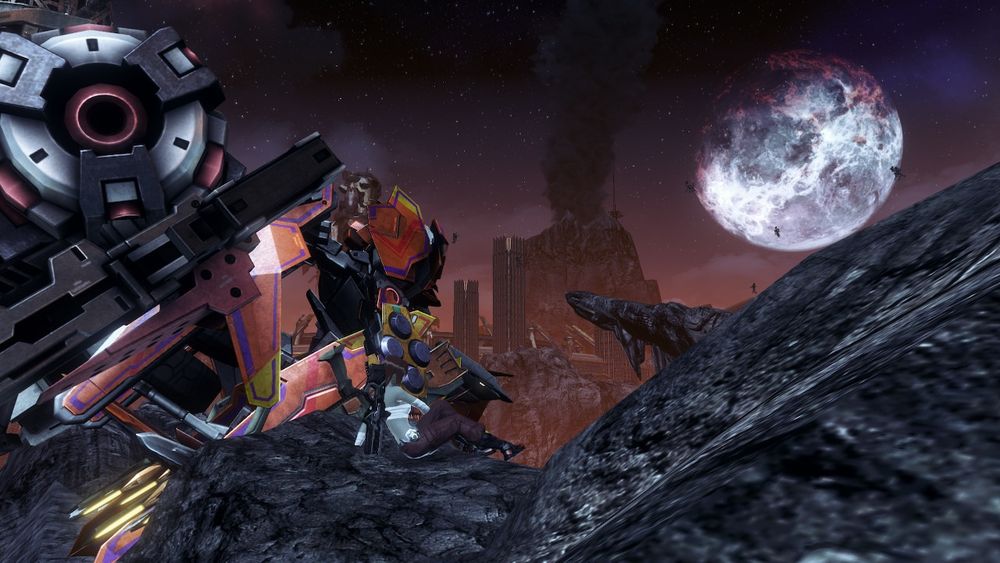 Xnoblade X DE Nightime. My avatar sitting in front of their parked mech. In a volcanic landscaoe, alien structures and the plume of an active volcano are visible in the distance. One of Mira's moons hangs low above the horizon.