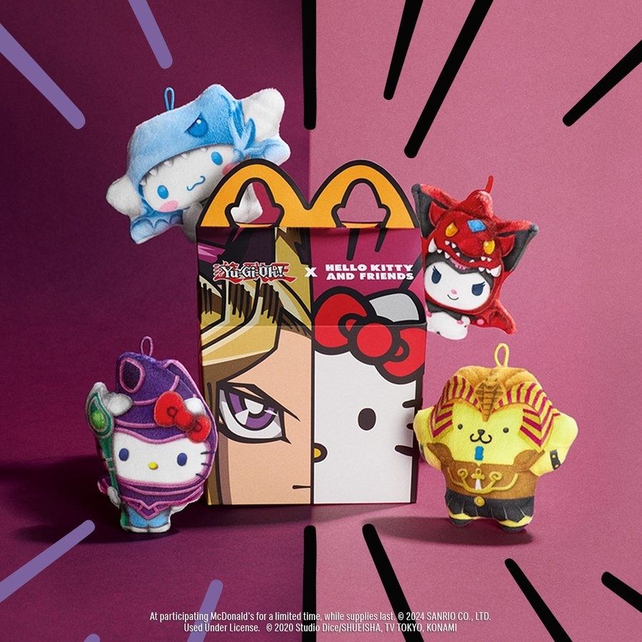 Promo image of Yu-Gi-Oh x hello kitty and friends, featuring the box and four of the plushies