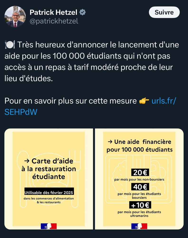 Tweet de Patrick Hetzel, ministre de l'enseignement supérieur sur le lancement d'une aide minime pour les étudiants, portant sur l'alimentaire. Cela consistera en une carte ticket resto utilisable dès février 2025.