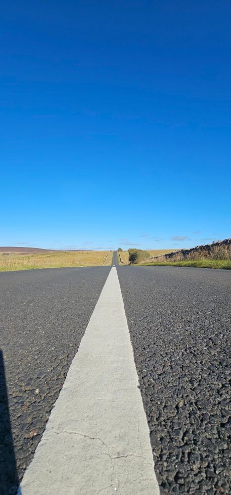 A photo of a country road seen from the white line.