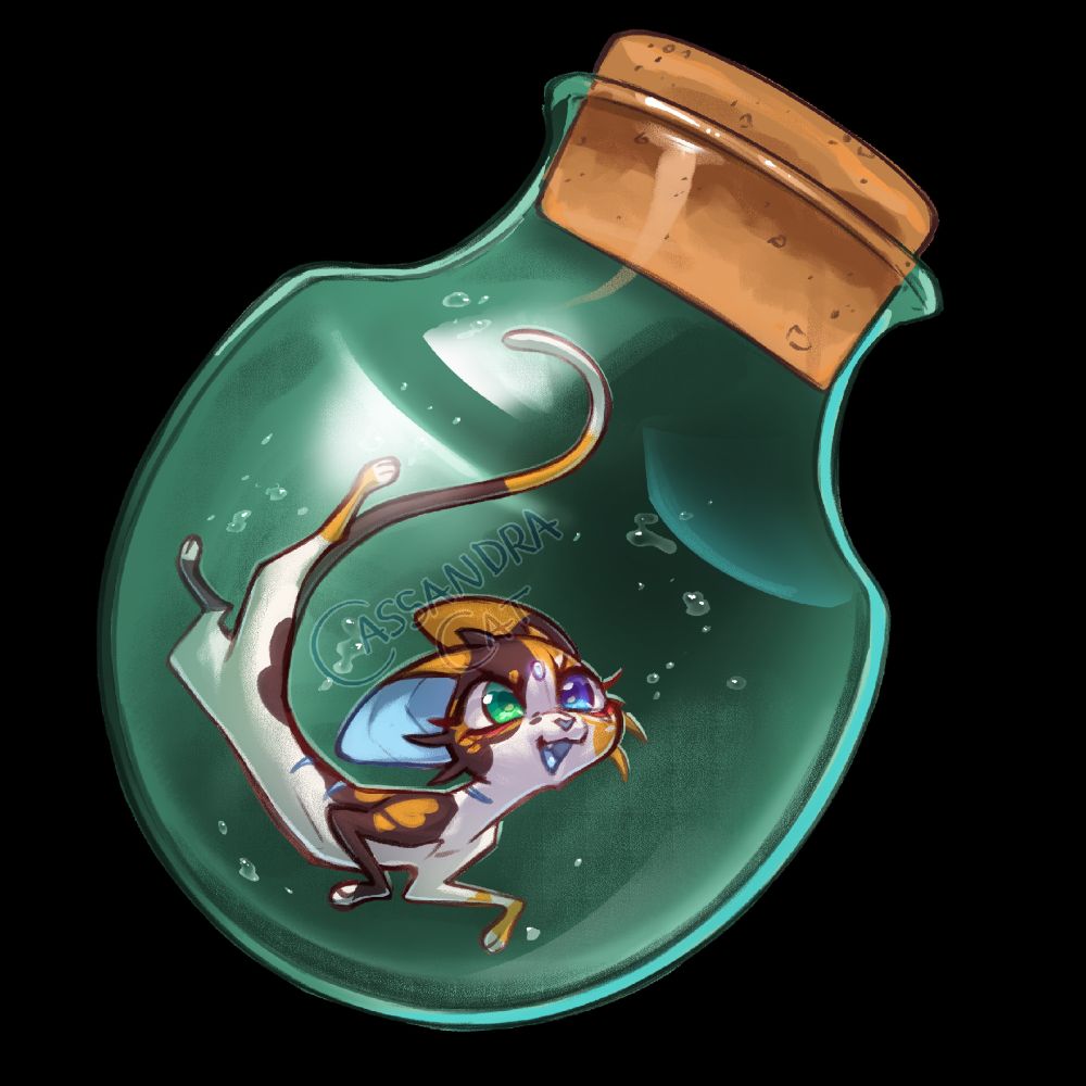 Chibi Cassandra Cat floating in a bottle used to contain the tadpole from Baldur's Gate 3