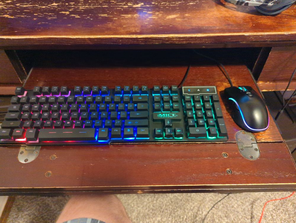 My RGB gaming mouse & keyboard, on a 1'10" keyboard tray