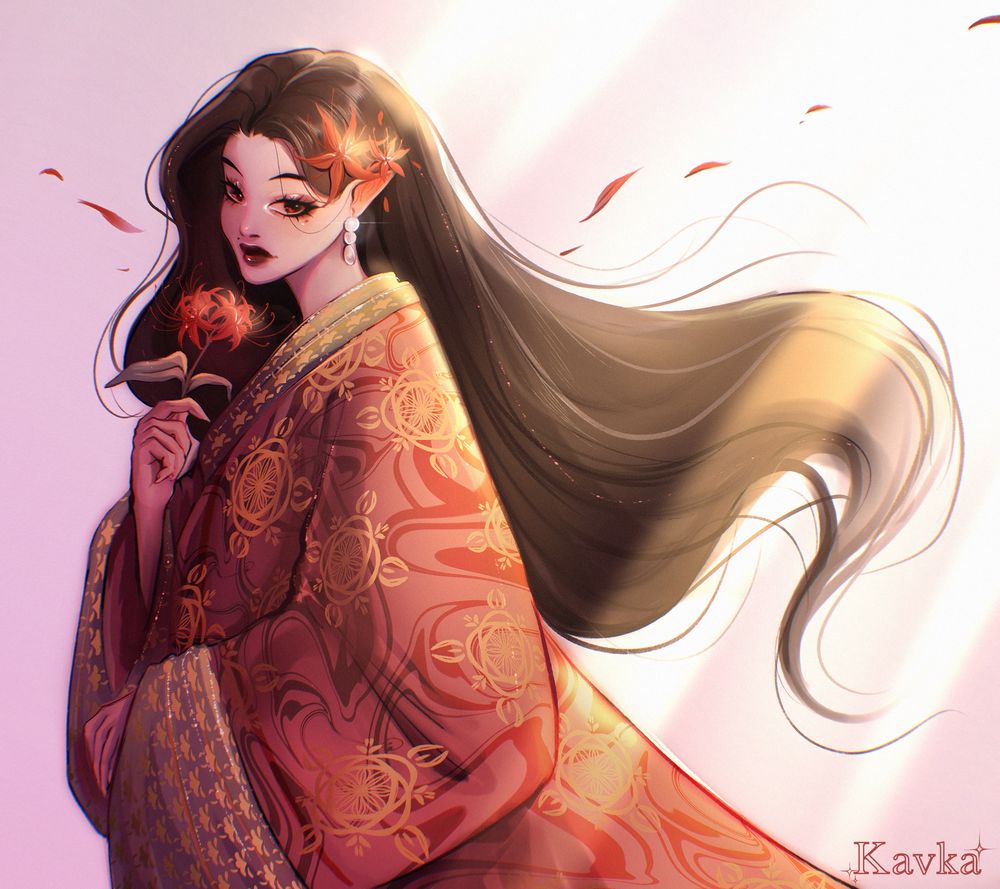 A girl in a kimono holds a red spider lily flower in her hands. Her hair is blowing in the wind