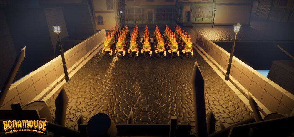 A formation of frog soldiers stands in rows on a cobblestone bridge at night, illuminated by street lamps; "Bonamouse: Squeaks of Freedom" logo appears in the corner.