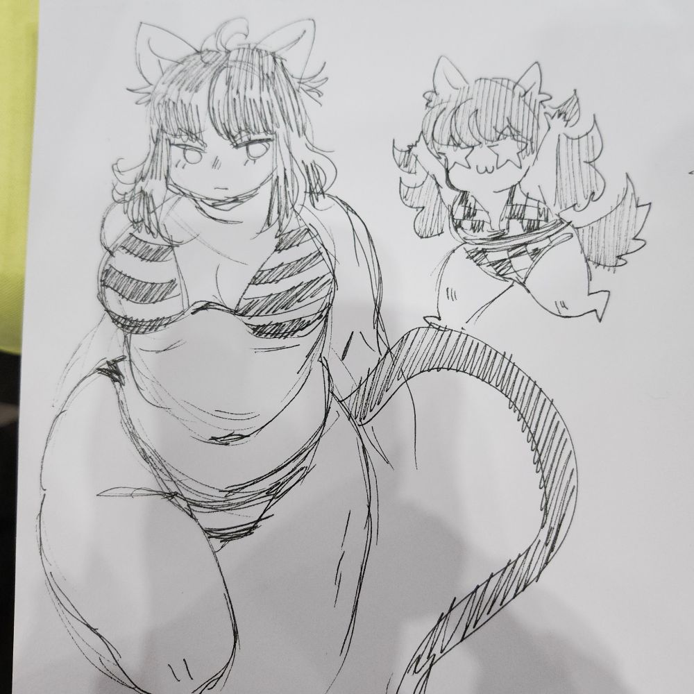 #oc #originalcharacter 

Plus size cat girl in a bikini
With short wavy curly hair 