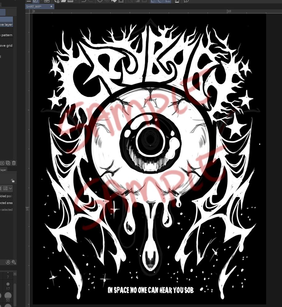 Graphic design mockup of a shirt design in the style of Heavy Metal album cover, in the center is a giant dripping eyeball with the words crybaby above it. The image is in black and white. Below the eyeball graphic there is text that reads "in space no one can hear you sob"