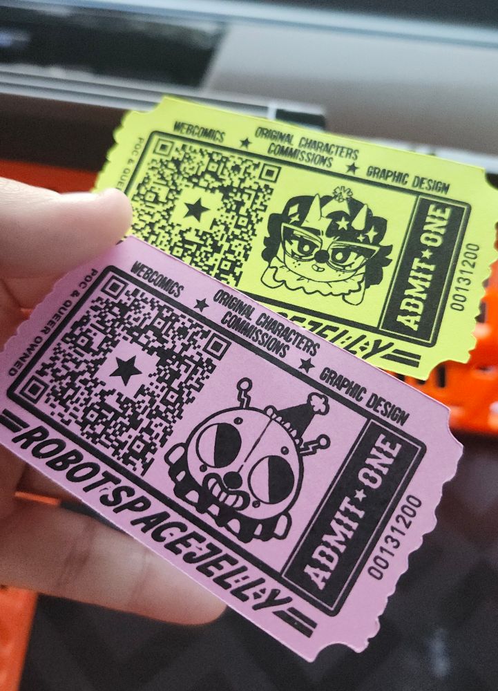 Images of a person holding two brightly colored business cards. 