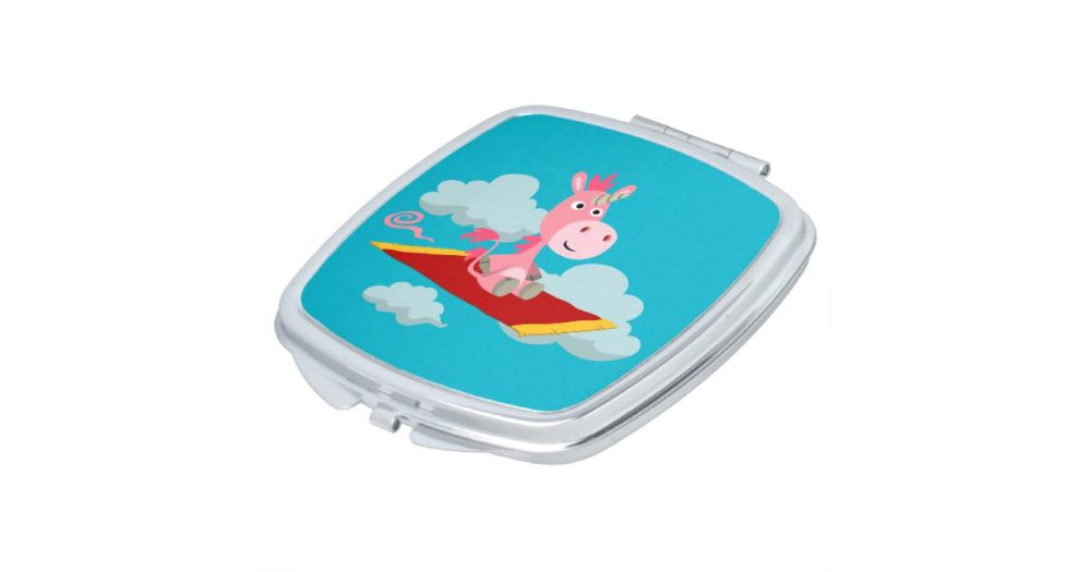 Cartoon Unicorn's Magic Carpet Ride Pocket Mirror | Zazzle