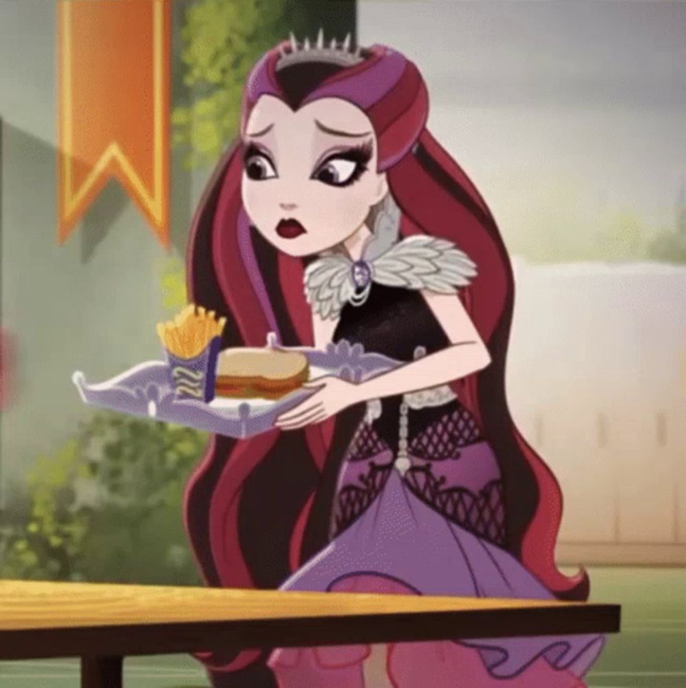 a girl in a purple dress is holding a tray of french fries and a sandwich