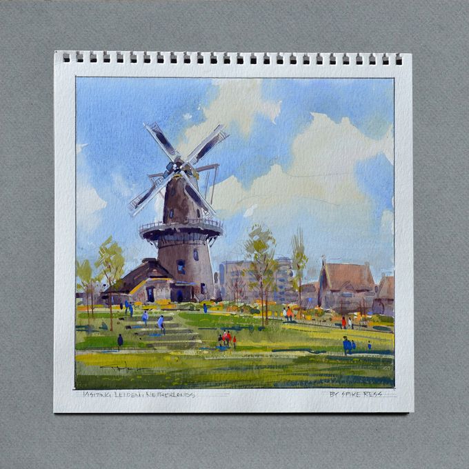 Finished sketchbook painting of De Valk Windmill in Leiden, Netherlands.