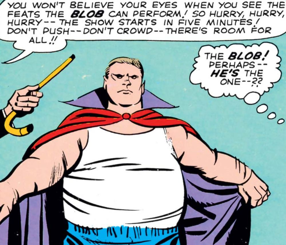 The Marvel character The Blob wearing a magician-looking cape over jeans and a tank top