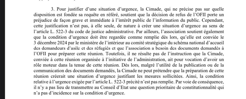 L’urgence selon l’article L522-3 (ordonnance de tri) vient d’être forgé par le ta de Paris.