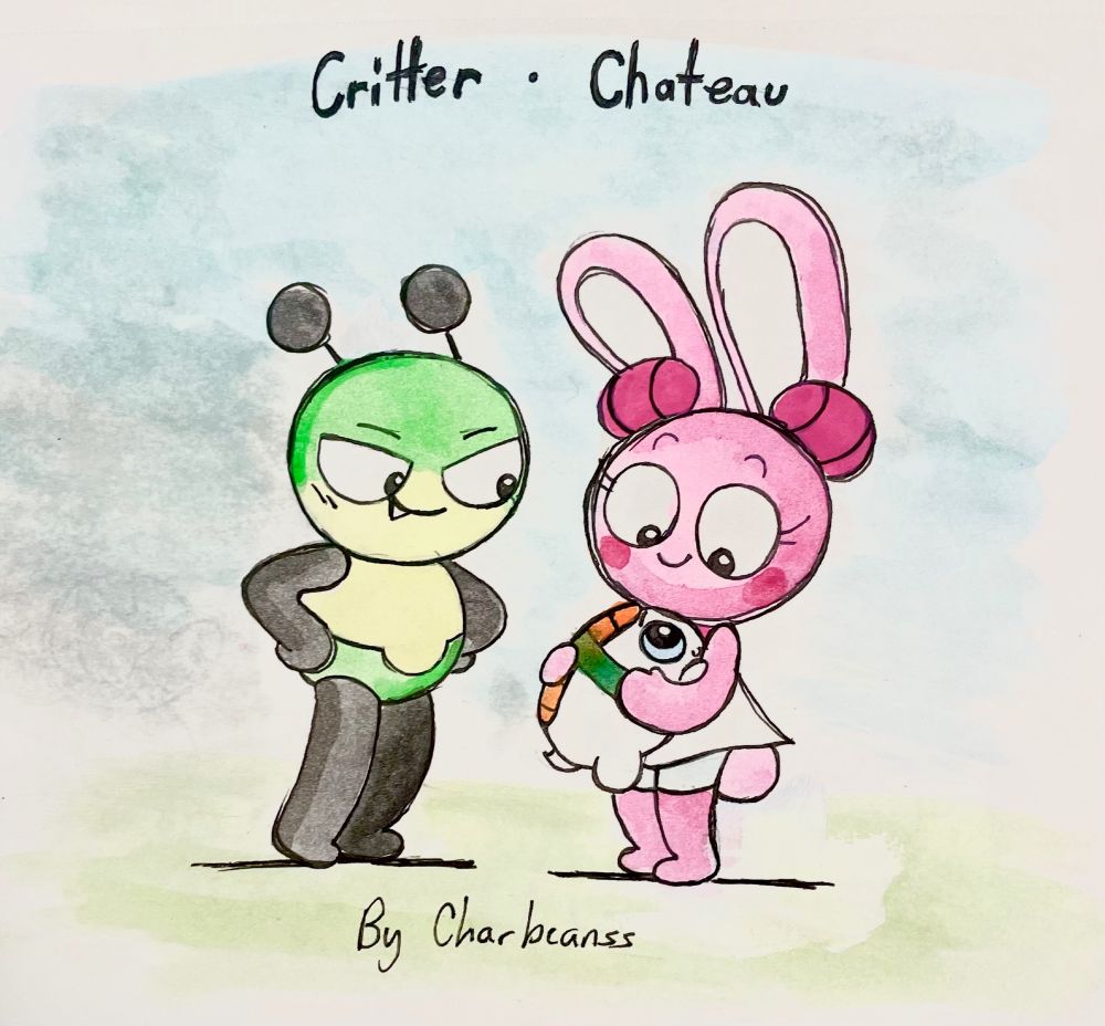 Li (The green antenna alien), Keko (The pink bunny eared alien), and Shi (The little sushi dog Keko is holding). The main stars of Critter Chateau! Even though Li and Keko don’t get along sometimes, they still are siblings who help each other out!