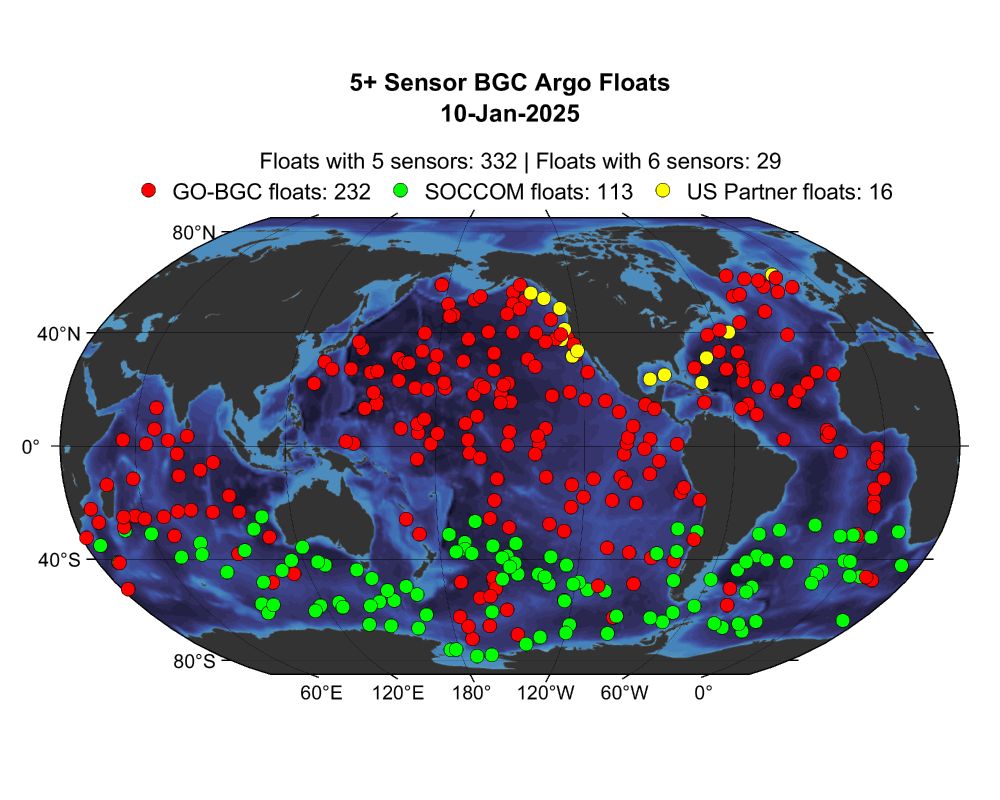 The global map of BGC-Argo profiling floats with multiple chemical and biological sensors. The floats sample the upper 2000 m of the water column every 10 days. Data is freely available.