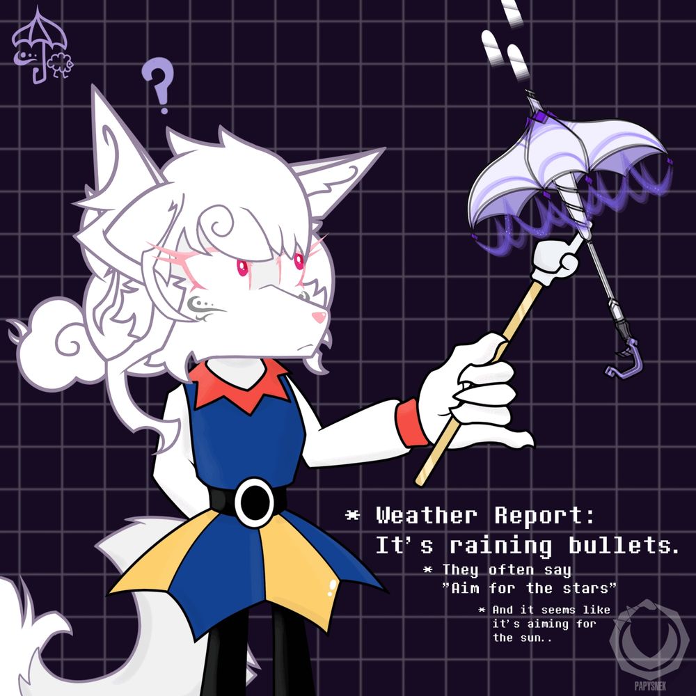 GIF of an albino jackal/lynx girl dressed as Elnina from Deltarune, attempting to present a weather report while watching, confused, her gunbrella (umbrella-rifle) shooting away towards the sky, before pointing at her.

the text says:
*Weather Report: It's raining bullets.
*They often say "Aim for the stars"
*And it seems like it's aiming for the sun..