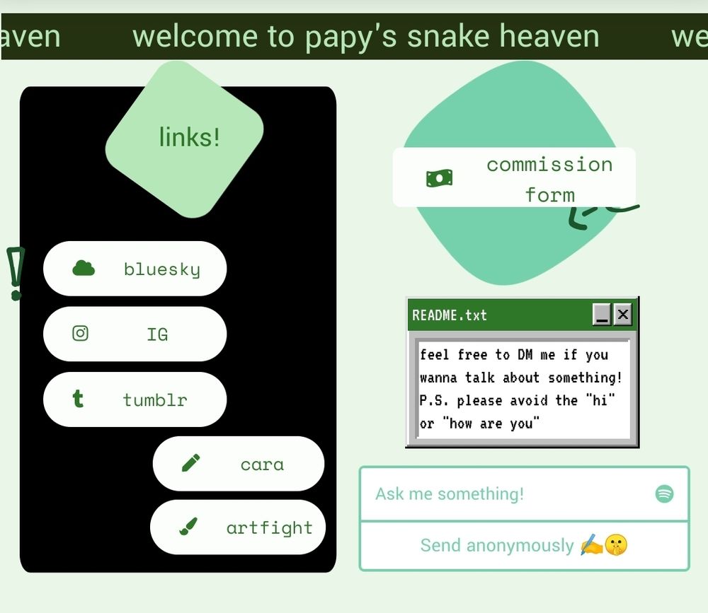 cropped screenshot of my strawpage on mobile, hence the weird UI. many links to my other socials are present, an AMA section too, but also a link to access my commission form on the top right.
