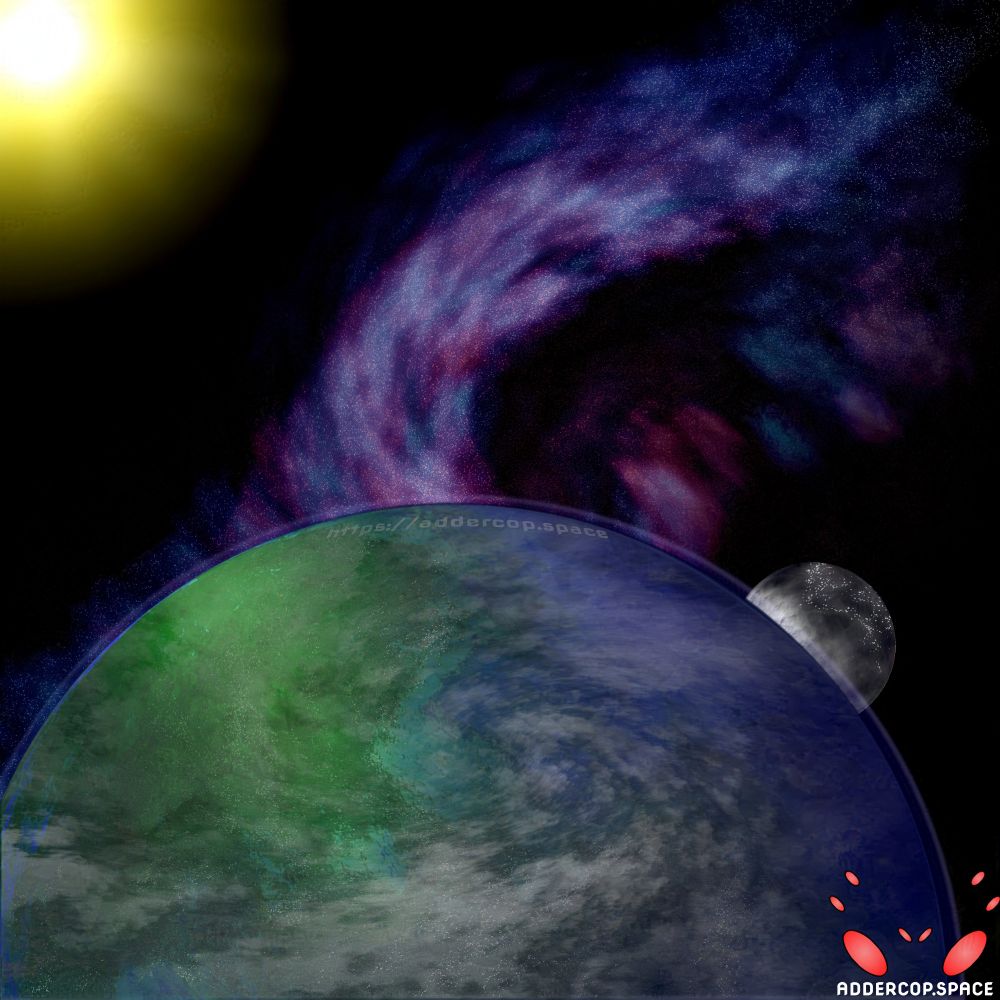 A blue green planet in front of a red purple starscape.