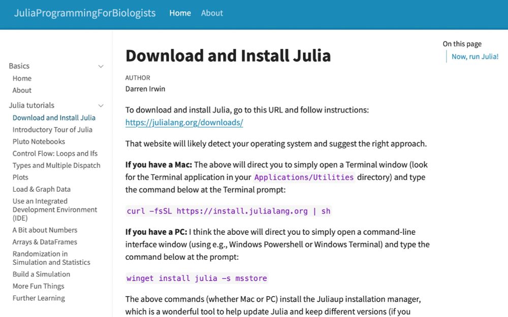 Screenshot of the "Download and Install Julia" page of the JuliaProgrammingForBiologists website. This is an example page, which describes how to download and install the Julia Programming Language. In the left column, there is a menu of page titles showing the topics covered on the website.