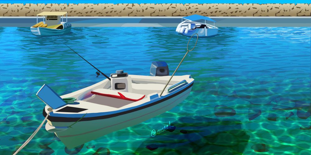 padisatic port with clear water and three boats floating