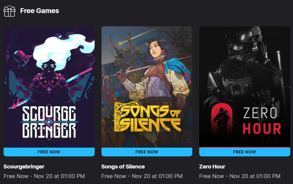 Um print dos jogos gratuitos hoje na Epic Store: Scourge Bringer, Songs of Silence e Zero Hour.