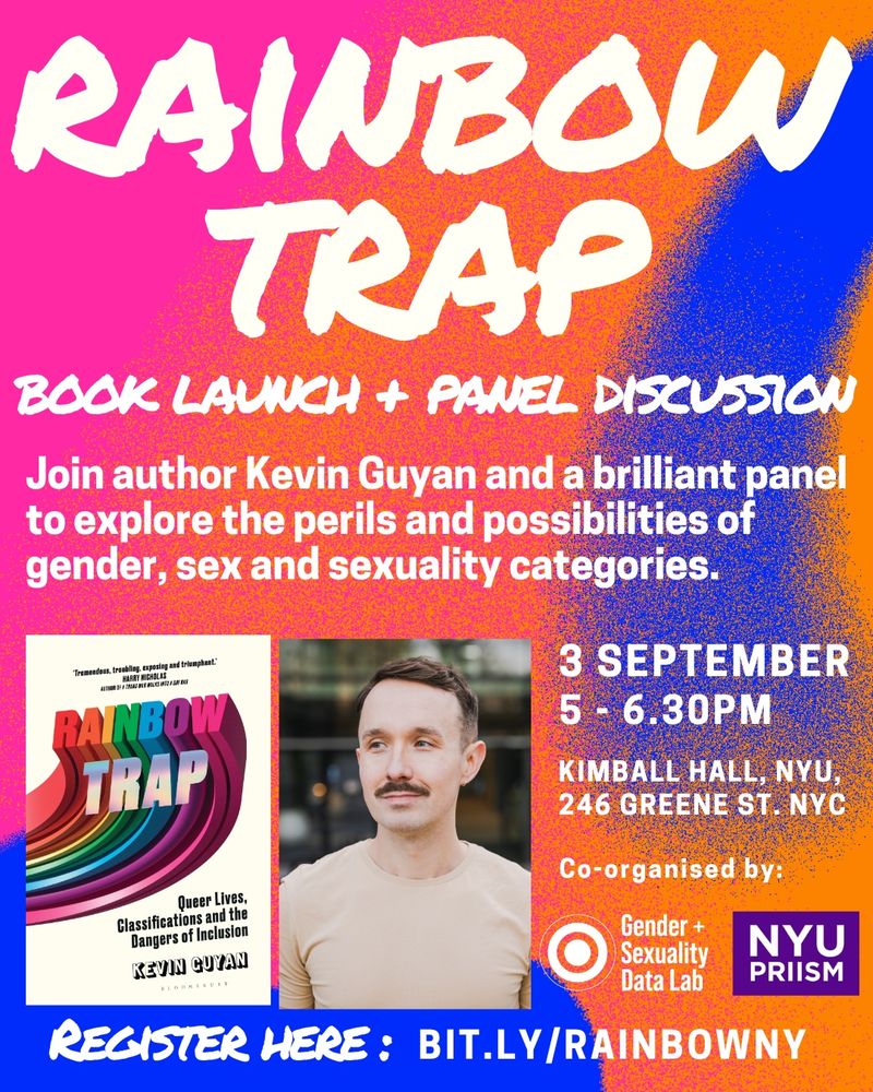 The event poster for the Rainbow Trap book launch and panel discussion at NYU on 3 September. The poster is bright and colourful.