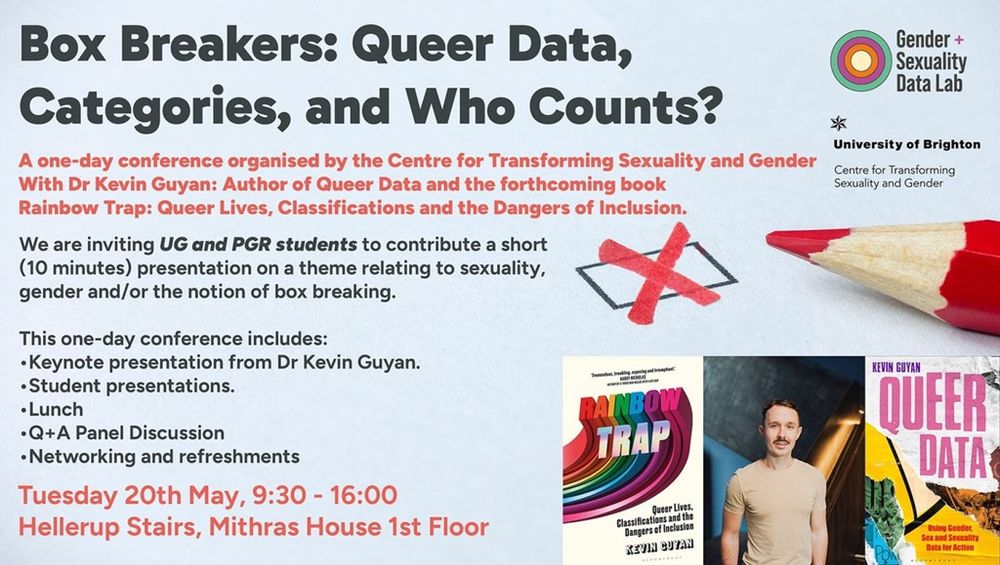 A poster for the one-day student conference on Box Breakers: Queer Data, Categories, and Who Counts? Happening at the University of Brighton on 20 May 2025.