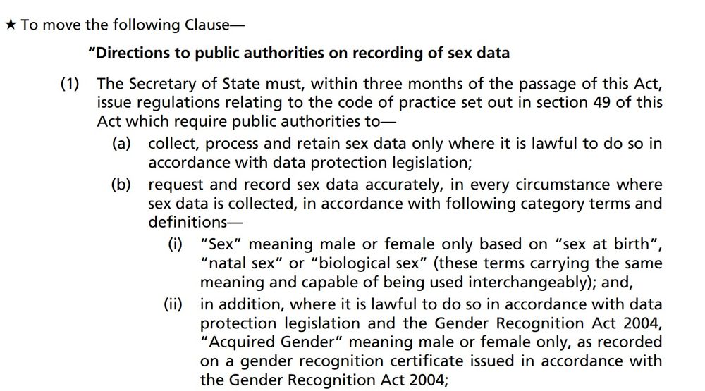 The amendment reads:

To move the following Clause— 

“Directions to public authorities on recording of sex data (1) The Secretary of State must, within three months of the passage of this Act, issue regulations relating to the code of practice set out in section 49 of this Act which require public authorities to— 

(a) collect, process and retain sex data only where it is lawful to do so in accordance with data protection legislation; 

(b) request and record sex data accurately, in every circumstance where sex data is collected, in accordance with following category terms and definitions— 

(i) ”Sex” meaning male or female only based on “sex at birth”, “natal sex” or “biological sex” (these terms carrying the same meaning and capable of being used interchangeably); and, (ii) in addition, where it is lawful to do so in accordance with data protection legislation and the Gender Recognition Act 2004, “Acquired Gender” meaning male or female only, as recorded on a gender recognition certificate issued in accordance with the Gender Recognition Act 2004.