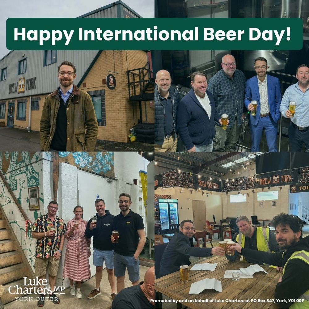 Four photos of Luke at Breweries and a banner; "Happy International Beer Day!" with Luke's logo in the corner.