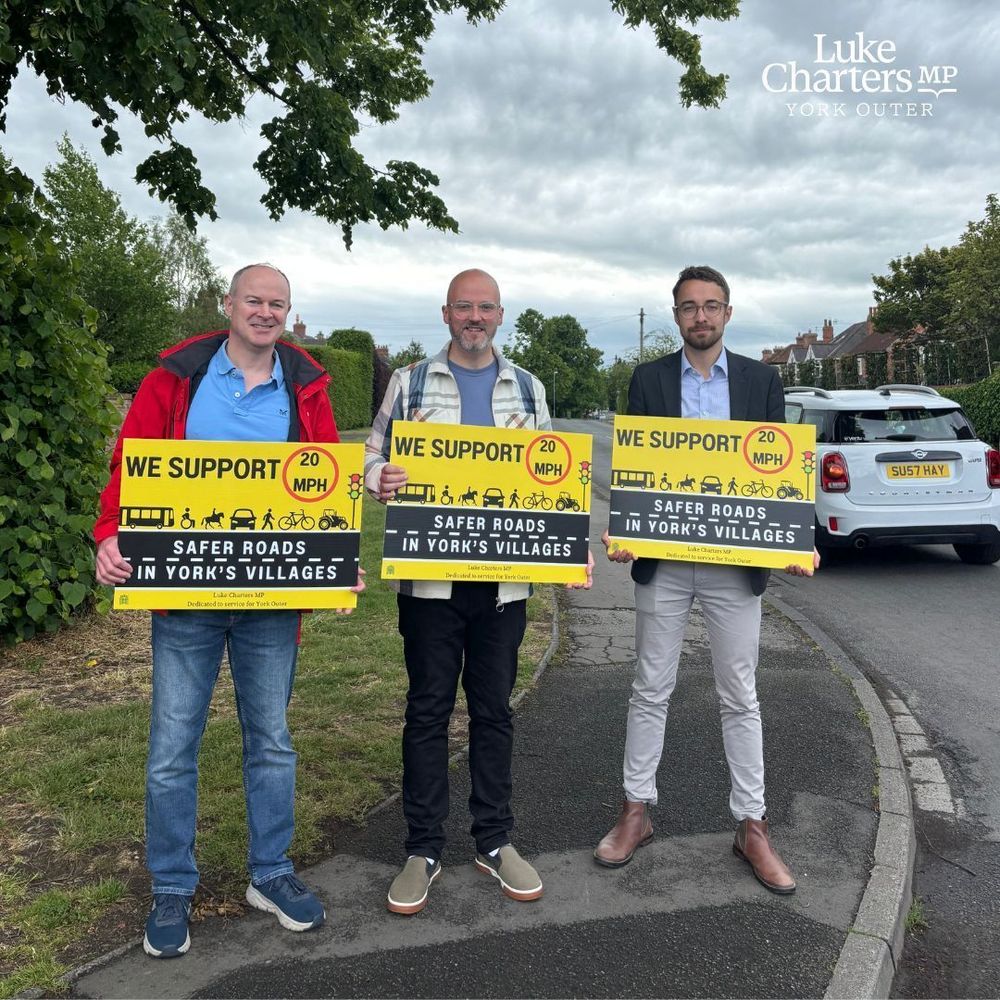 Luke stood with campaigners from the Poppleton Traffic Action Group and core boards which say " We support 20mph, safer roads in York's villages'