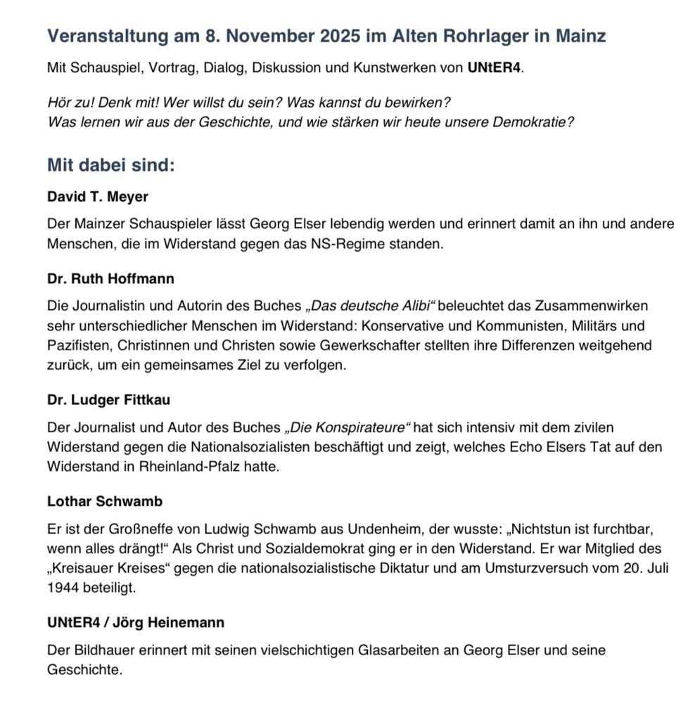 Invitation and list of participants for an event  in memory of the german resistance on November 8 in Mainz with David T. Meyer, Dr. Ruth Hoffmann, Dr. Ludger Fittkau, Lothar Schwamb, and us!