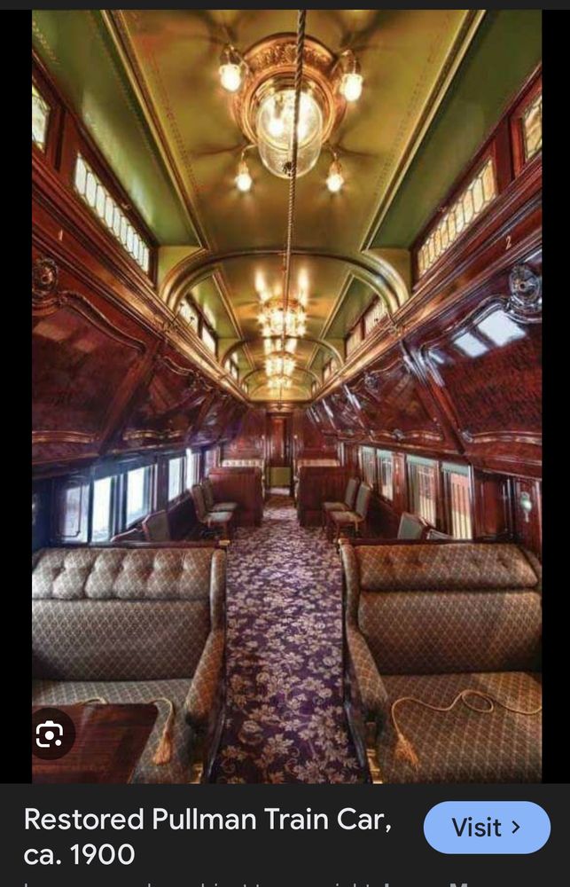 The interior of a refurbished train car from 1900