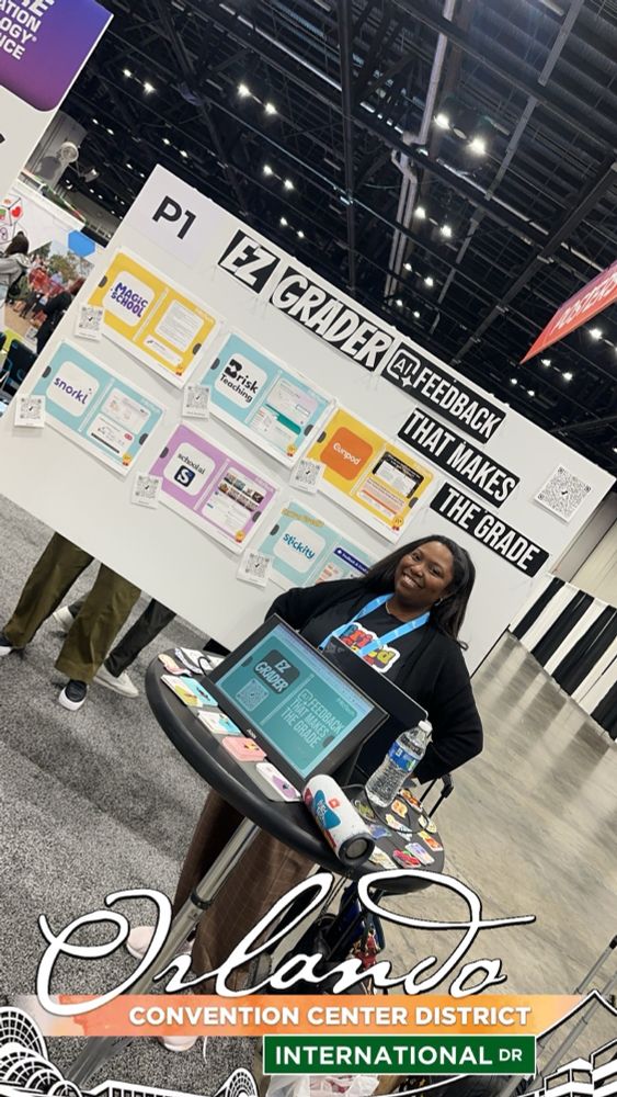 friEd presenter standing in front of poster session board called EZ Grader: AI Feedback That Makes the Grade. Includes pictures of 6 different tools with QR codes. 