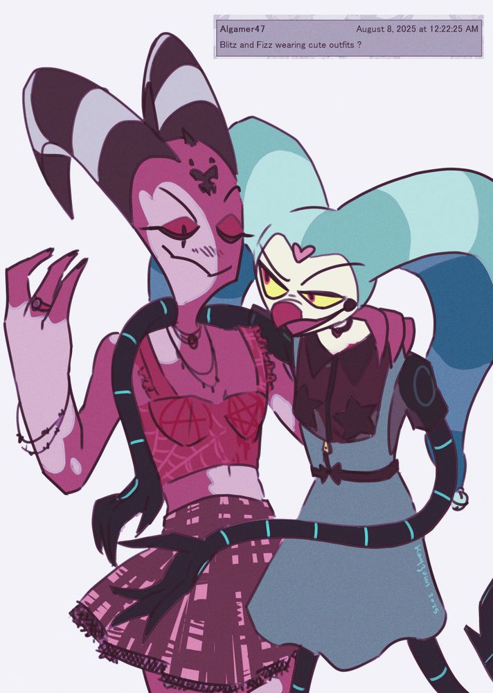 art of Blitz and Fizz in skirts and corsets, leaning against one another, probably gossiping. Blitz is wearing reds and pinks, and Fizz is wearing shades of teal and blue. Screencap of an askbox question from Algamer47: Blitz and Fizz wearing cute outfits ?