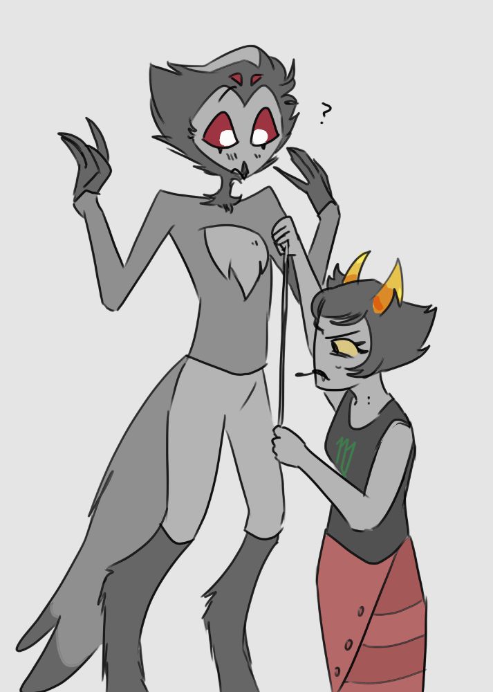 sketch of Kanaya holding a tape measure up to Stolas and concentrating fiercely.
