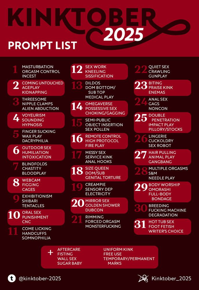 Prompts
1. Masturbation – Orgasm Control – Incest
2. Coming Untouched – Ageplay – Kidnapping
3. Threesome – Nipple Clamps – Alien Abduction
4. Voyeurism – Sounding – Hypnosis
5. Finger Sucking – Wax Play – Dacryphilia
6. Outdoor Sex – Humiliation – Intoxication
7. Blindfolds – Chastity – Bloodplay
8. Webcam – Figging – Cages
9. Exhibitionism – Shibari – Tentacles
10. Oral Sex – Punishment – Consensual Non-Consent
11. Come Licking – Handcuffs – Somnophilia
12. Sex Work – Kneeling – Sissification
13. Dildos – Dom Bottom/Sub Top – Medical Play
14. Omegaverse – Possessive Sex – Choking/Gagging
15. Semi-Public – Object Insertion – Sex Pollen
16. Remote Control – High Protocol – Fire Play
17. Messy Sex – Service Kink – Anal Hooks
18. Size Queen – Dom/Sub – Genital Torture
19. Creampie – Sensory Deprivation – Electricity
20. Mirror Sex – Golden Shower – Dubcon
21. Rimming – Forced Orgasm – Monsterfucking
22. Quiet Sex – Crawling – Gunplay
23. Biting – Praise Kink – Enemas
24. Anal Sex – Gags – Noncon
25. Double Penetration – Impact Play – Pillory/Stocks
26. Lingerie – Cuckolding – Sex Robot
27. Hair Pulling – Animal Play – Gangbang
28. Multiple Orgasms – S&M – Needle Play
29. Body Worship – Omorashi – Full-Body Bondage
30. Breeding – Fucking Machine – Degradation
31. Hot Tub Sex – Foot Fetish – Writer’s Choice